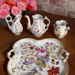 antique vieux paris style porcelain floral tea set with tray creamer and open sugar bowl