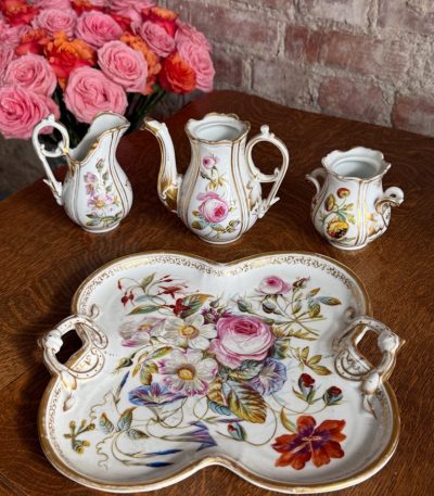 antique vieux paris style porcelain floral tea set with tray creamer and open sugar bowl