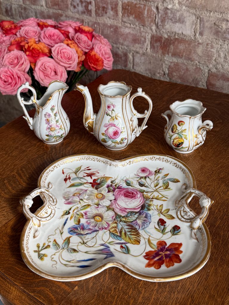 antique vieux paris style porcelain floral tea set with tray creamer and open sugar bowl