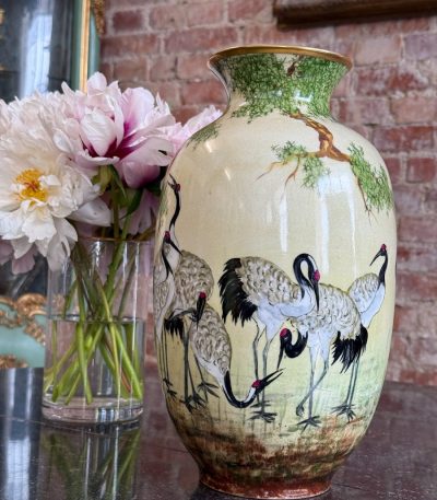 hand-painted limoges porcelain vase with cranes and pine branches in japonism style