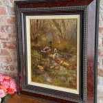 antique style duck family oil painting on canvas in heavy tortoiseshell pattern flame frame