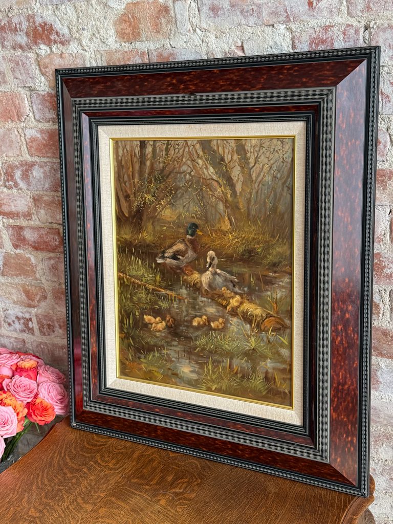 antique style duck family oil painting on canvas in heavy tortoiseshell pattern flame frame