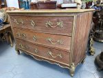 antique French Louis XV style light oak three drawer commode parquetry top gilded brass mounts