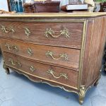 antique French Louis XV style light oak three drawer commode parquetry top gilded brass mounts