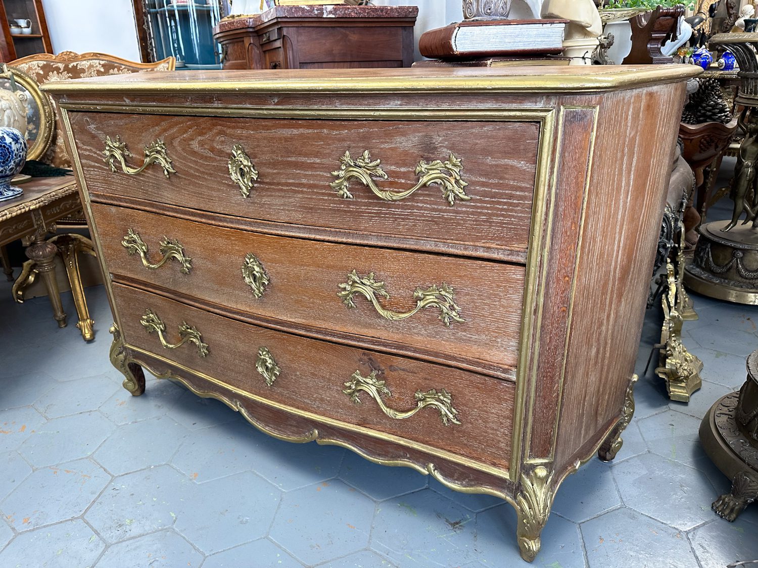 IMG_3788 antique French Louis XV style light oak three drawer commode parquetry top gilded brass mounts