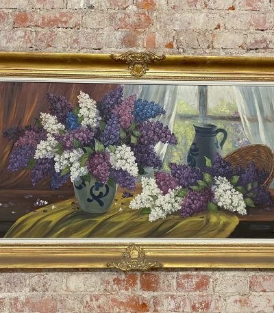 Magnificent mid-20th-century antique lilac still life painting in a heavy