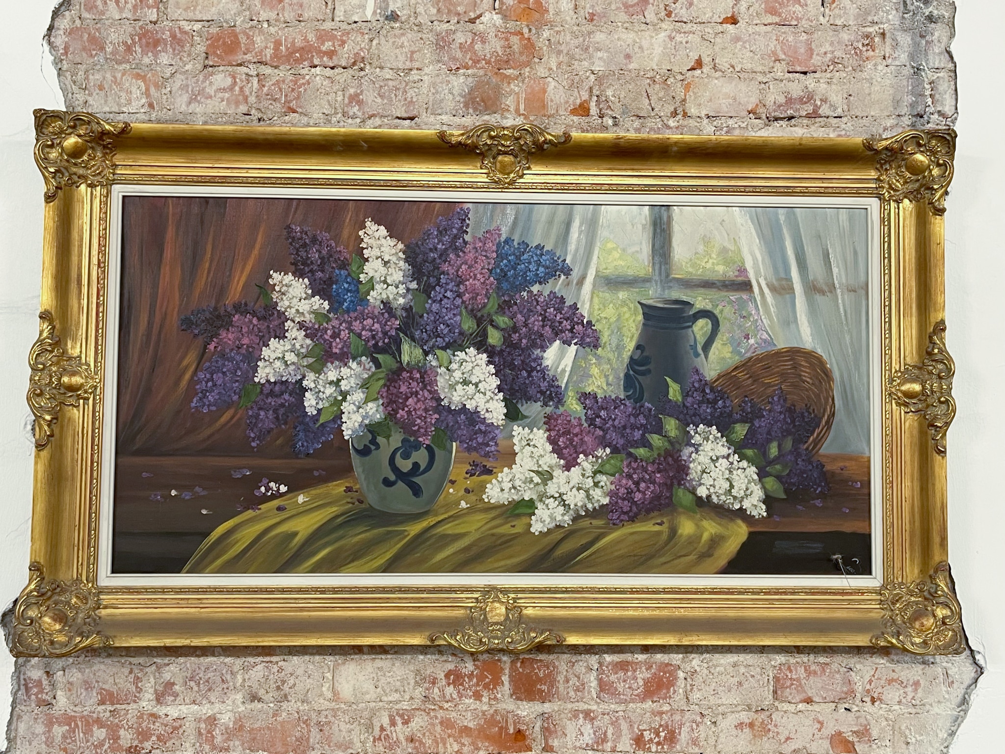 Magnificent mid-20th-century antique lilac still life painting in a heavy