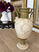 Small matte porcelain Royal Dux vase with classical female figures and green accents in Art Nouveau style