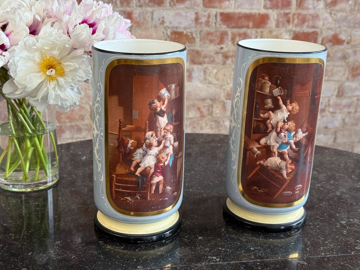IMG_3838 2 medium size porcelain vases with painted putti scenes