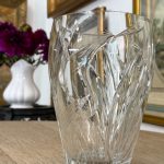 Heavy cut crystal crane vase in Art Nouveau style with engraved nature motifs