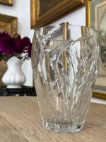 Heavy cut crystal crane vase in Art Nouveau style with engraved nature motifs