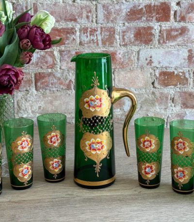 Murano glas saftsæt med blomstermotiv - saftkande med 6 glas