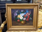 antique floral still life oil painting gold frame signed M V d Bosch 1974