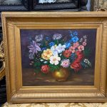 antique floral still life oil painting gold frame signed M V d Bosch 1974