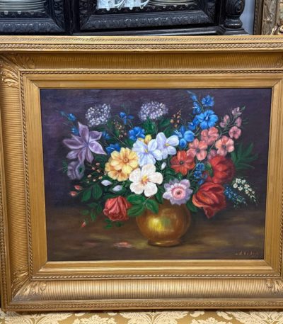 antique floral still life oil painting gold frame signed M V d Bosch 1974