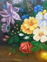 Grezna holandiešu stila klusā daba "Ziedi vāzē" greznā zeltītā rāmī — parakstīta, 1974. gads, (Antique style floral still life oil painting in ornate gilded frame) (5365) - Image 13