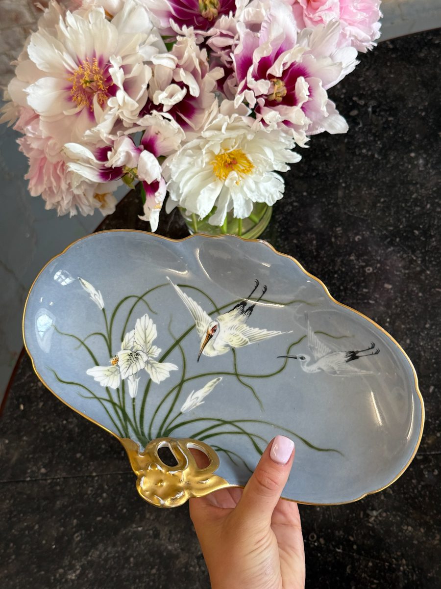 IMG_3870 Beautiful light blue limoges porcelain stork dish with hand-painted irises and a gold handle in Art Nouveau style.