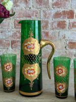 Itālijas Murano Stikla Komplekts ar Ziedu Motīviem -Sulas Krūze ar 6gab Lielām Sulas Glāzem (5597) - Image 2