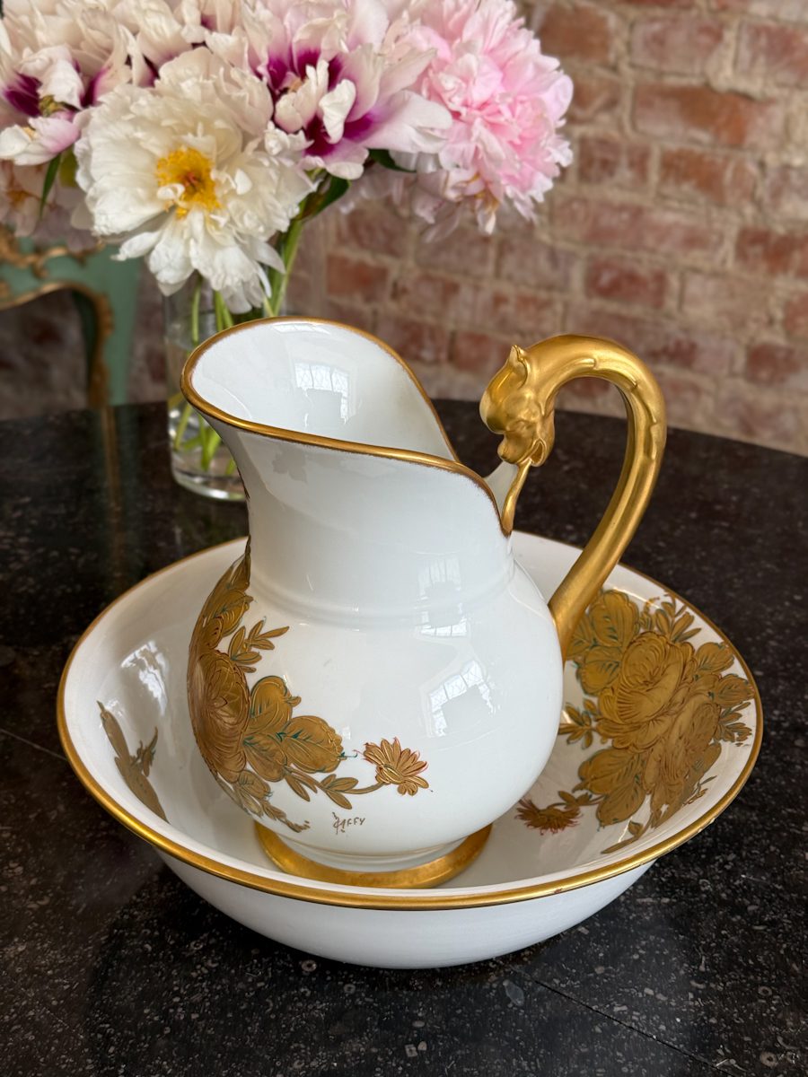 IMG_3902 limoges porcelain pitcher and basin set with heavy gold floral detailing signed by m. caffy