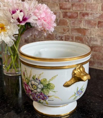 limoges porcelain cachepot with hand-painted floral motif and gold detailing signed by S. Robert