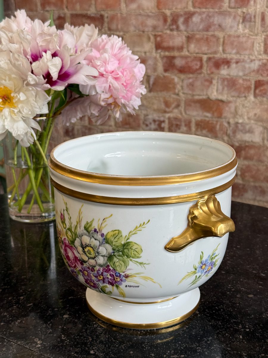 IMG_3943 limoges porcelain cachepot with hand-painted floral motif and gold detailing signed by S. Robert