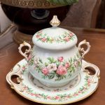 Luxurious Porcelain Sugar Bowl with Lid and Plate, *Sugar Bowl Has a Crack (4467)