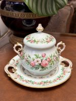 Luxurious Porcelain Sugar Bowl with Lid and Plate, *Sugar Bowl Has a Crack (4467)