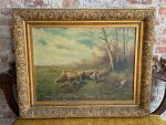 large framed oil painting pastoral sheep herd flock landscape