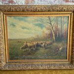 large framed oil painting pastoral sheep herd flock landscape