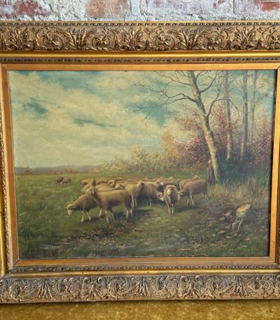 large framed oil painting pastoral sheep herd flock landscape