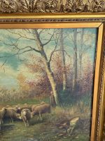 Antique Still Life and Pastoral Painting with Sheep Herd in a Gold Frame (large framed pastoral sheep herd oil painting) - Image 4