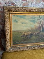 Antique Still Life and Pastoral Painting with Sheep Herd in a Gold Frame (large framed pastoral sheep herd oil painting) - Image 3