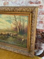 Antique Still Life and Pastoral Painting with Sheep Herd in a Gold Frame (large framed pastoral sheep herd oil painting) - Image 2