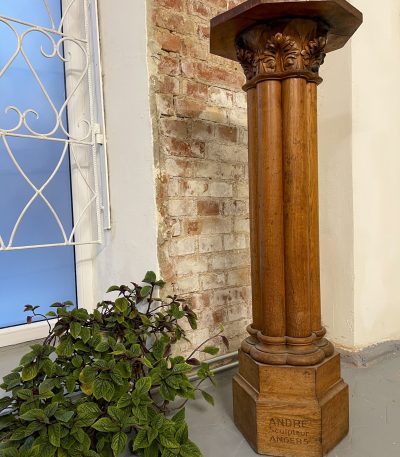 carved oak column pedestal signed Angers