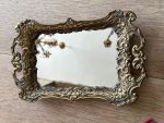 Antīka stila misiņa paplāte ar spoguli — neorokoko stilā (small brass mirror tray vanity) (5606) - Image 2