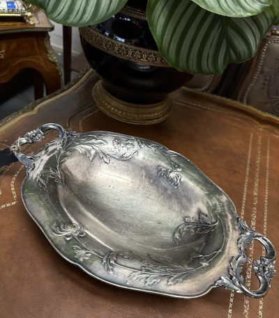Antik sølvplettet skål på fødder med håndtag - Art Nouveau
