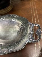 Antīks apsudrabots galda trauks uz kājiņām ar rokturiem — Jūgendstilā (antique silver-plated footed bowl tray) (4479) - Image 5