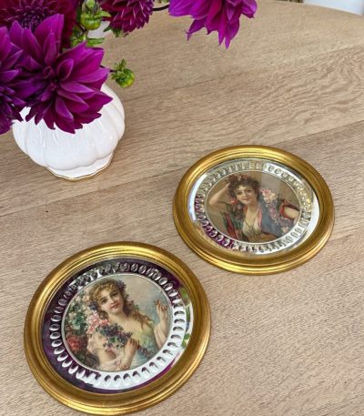 pair of mini vintage framed portraits with mirrored bevelled glass frames