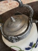 Antīks apgleznots stikla cepumu trauks ar ziediem un metāla rokturi — secesijas stilā (antique biscuit jar) (6936) - Image 10
