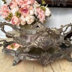 Antique silver-plated mirror tray and jardiniere set with rocaille floral relief