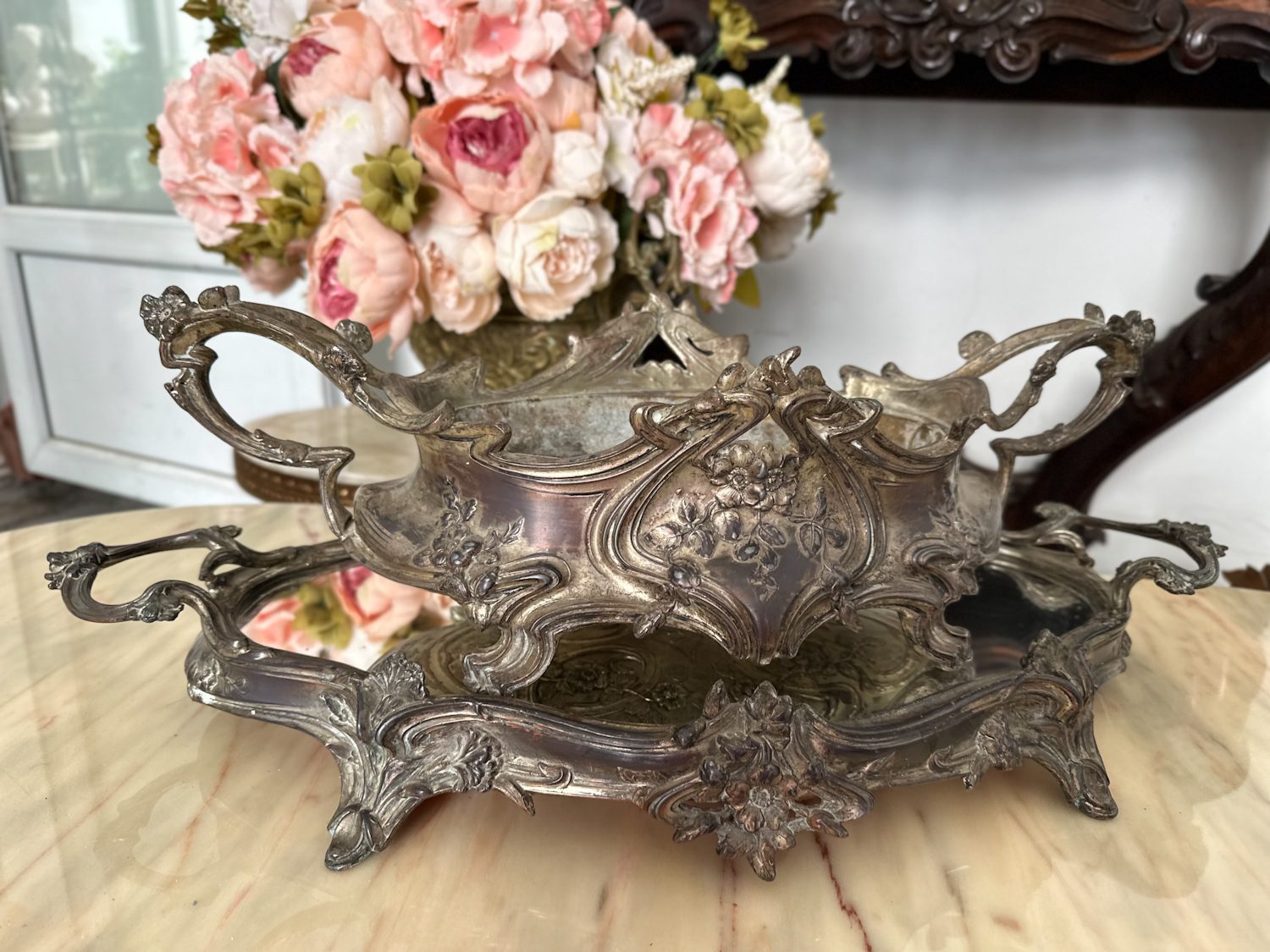 Antique silver-plated mirror tray and jardiniere set with rocaille floral relief