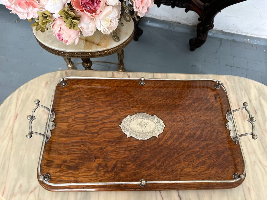 antique wooden serving tray with handles