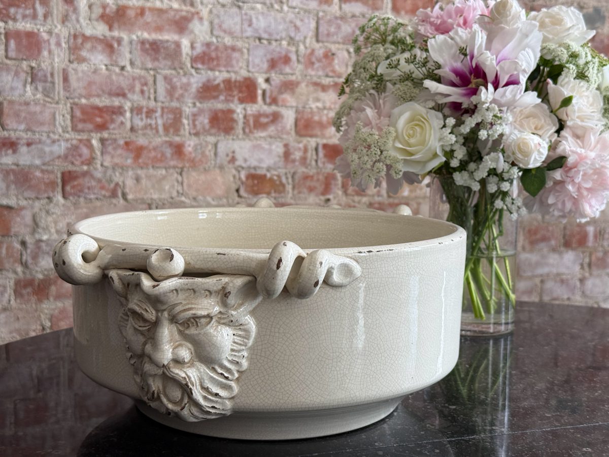 IMG_4555 large antique faience bowl in cream color with grotesque mascaron handles
