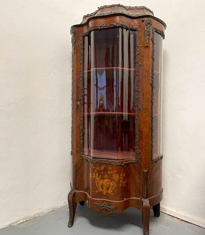 antique french louis xv style rosewood display cabinet vitrine floral marquetry bronze mounts red velvet interior