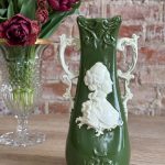 large antique ceramic vase with rococo lady medallion