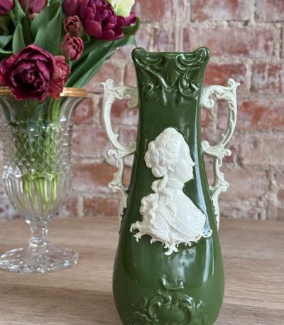 large antique ceramic vase with rococo lady medallion