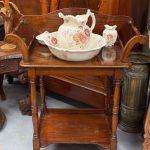 antique washstand wooden table pitcher bowl damaged