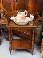 antique washstand wooden table pitcher bowl damaged