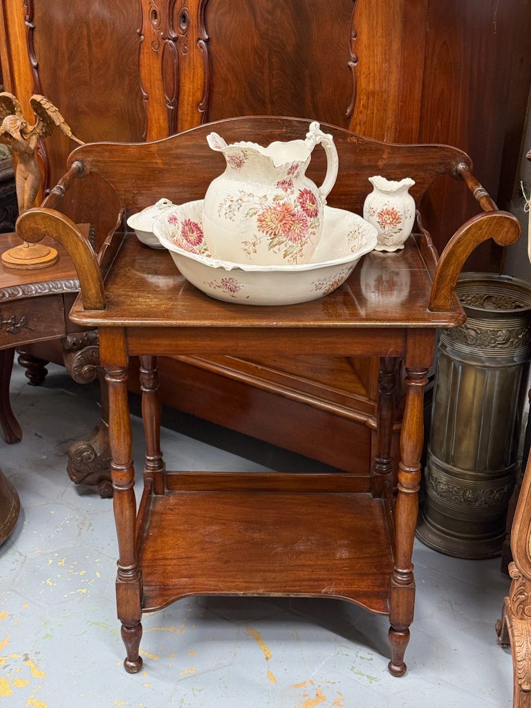 IMG_4690 antique washstand wooden table pitcher bowl damaged