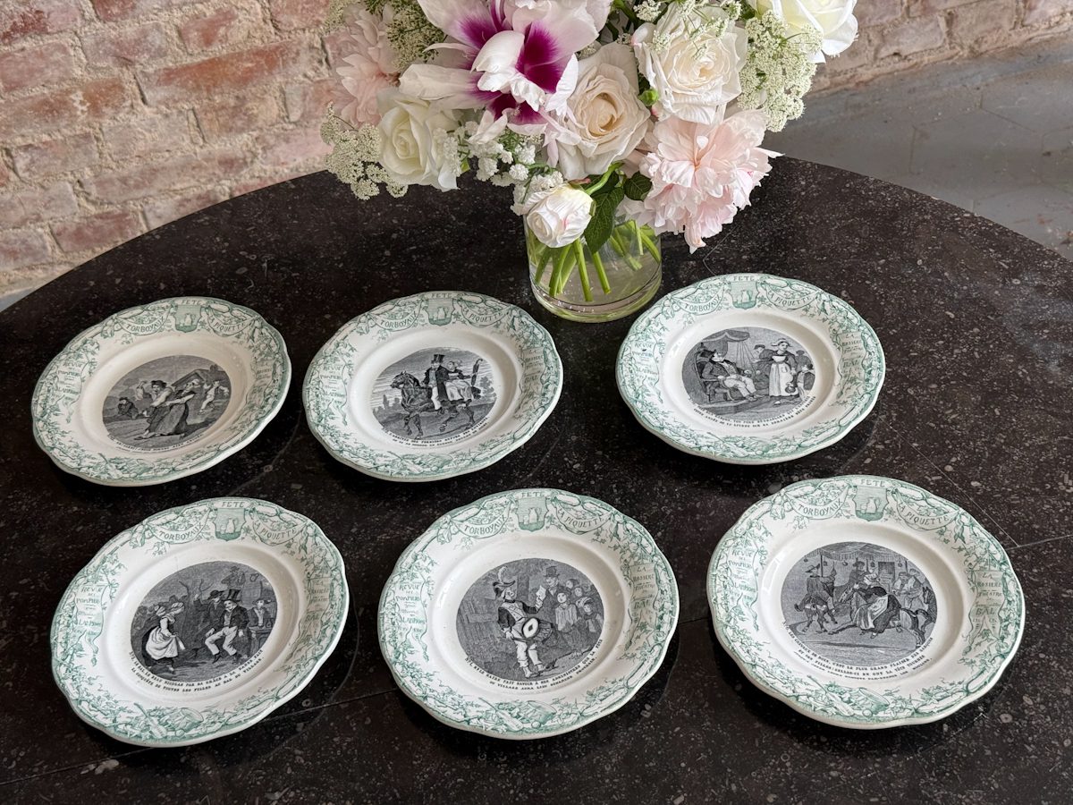 IMG_4738 6 antique Creil et Montereau faience plates "Fête de Torboyaux"